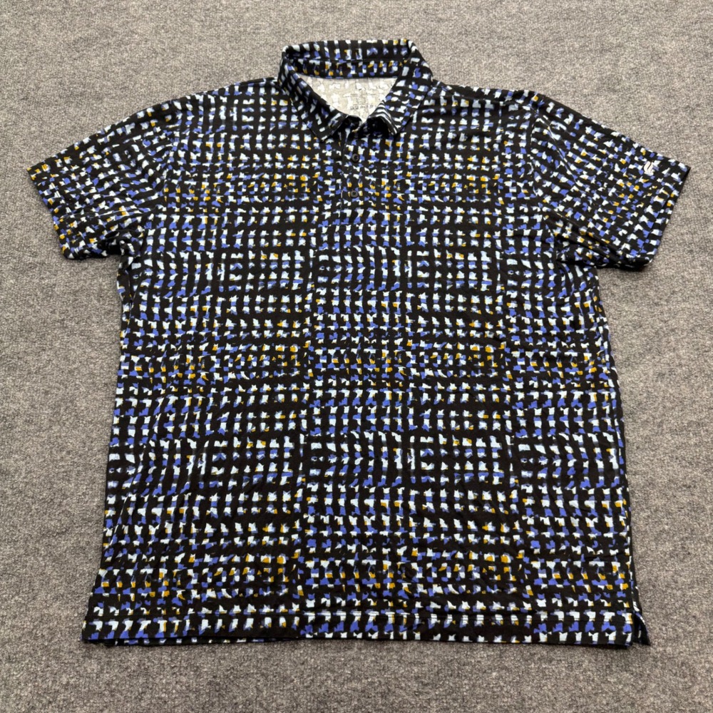 Fabletics Mens XXL Polo Shirt Black Blue Yellow Geometric Grid Short Sleeve